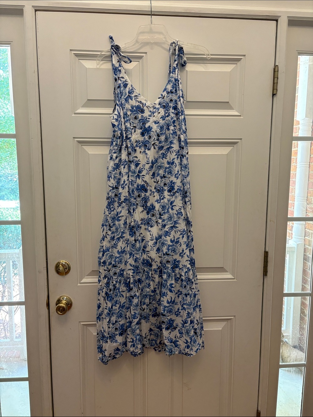 New York & Company Blue and White Floral Tie-Shoulder Midi Dress